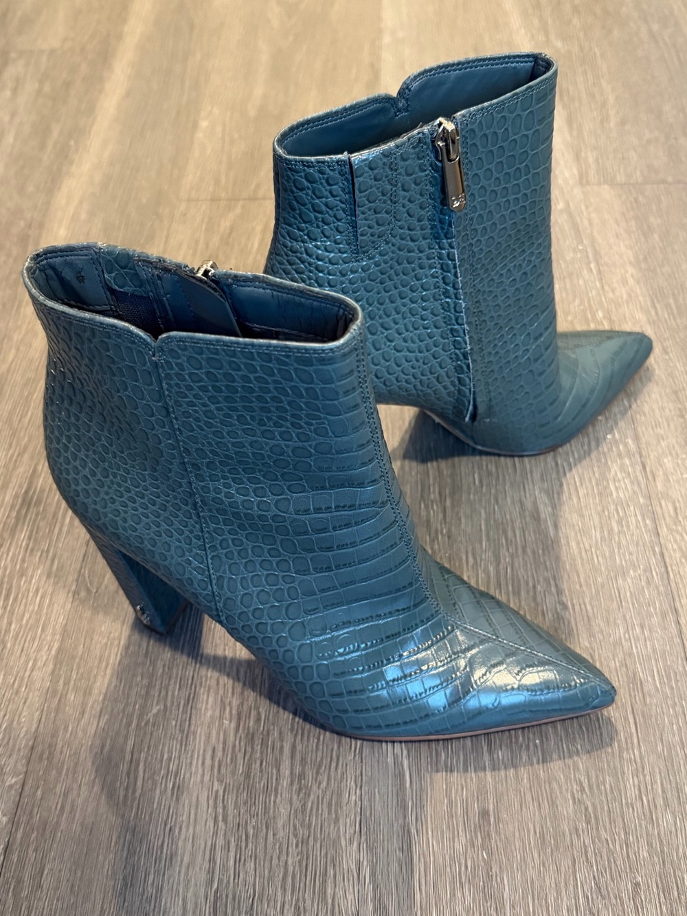 Sam Edelman Raelle Ankle Booties in Teal Croc-Embossed Leather